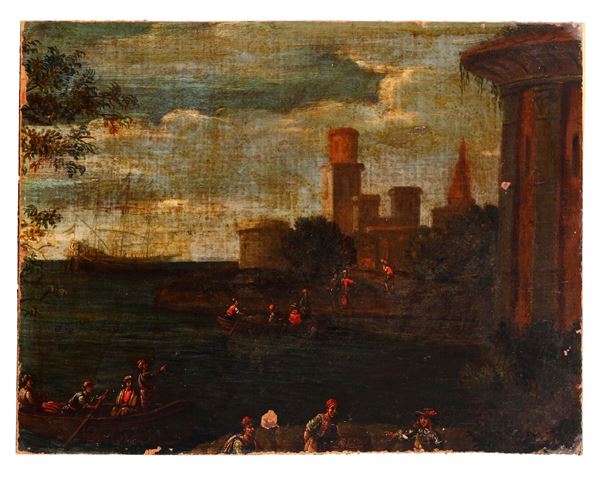 Scuola del XVIII secolo Paesaggio costiero con figure