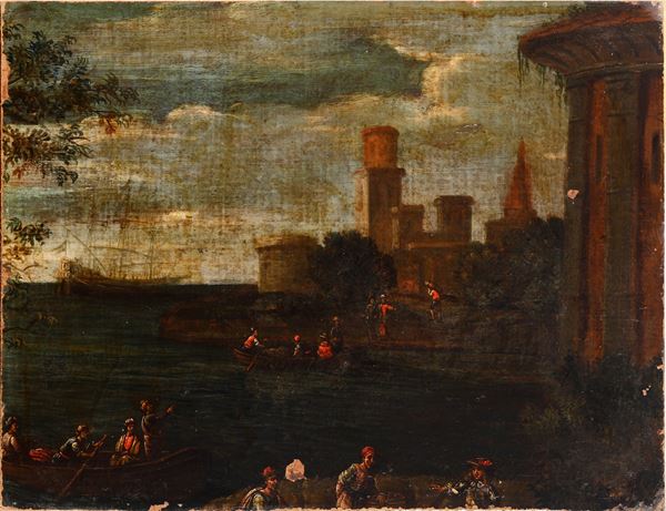Scuola del XVIII secolo Paesaggio costiero con figure