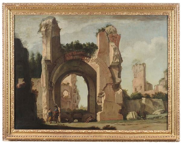 Scuola romana del XVIII secolo Paesaggio con rovine e viandanti