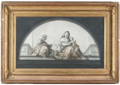Pittore del XIX secolo, Sacra Famiglia (copia dall’antico) in tecnica mista con carboncino, matit...