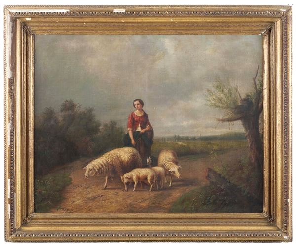 Paesaggio con pastorella e pecore
