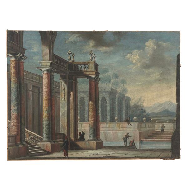 Scuola bolognese del XVIII secolo Capriccio con architetture e figure