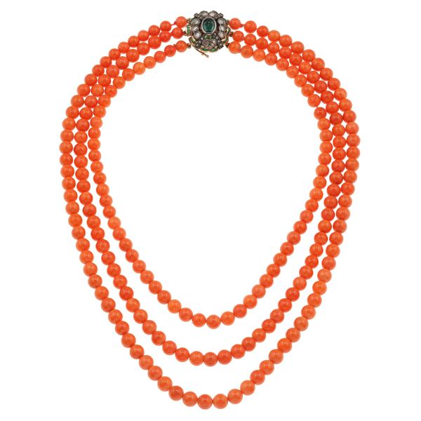 Coral, emerald, diamond and low-karat gold necklace