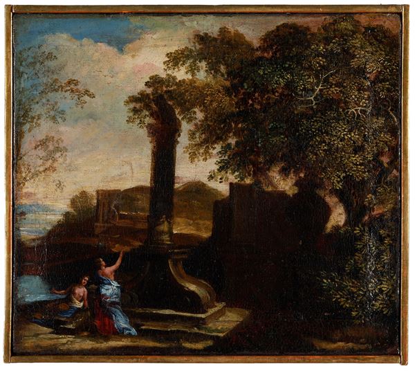 Scuola del XVIII secolo Paesaggio con figure e rovine