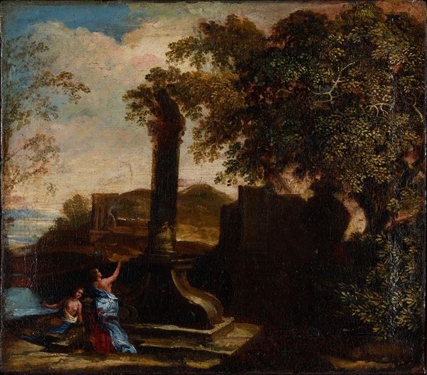 Scuola del XVIII secolo Paesaggio con figure e rovine