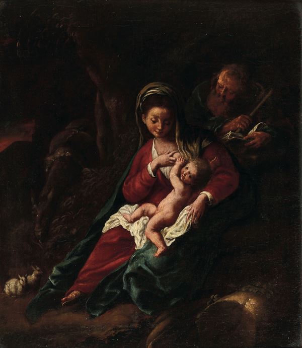 Scuola del XVII secolo Riposo durante la fuga in Egitto