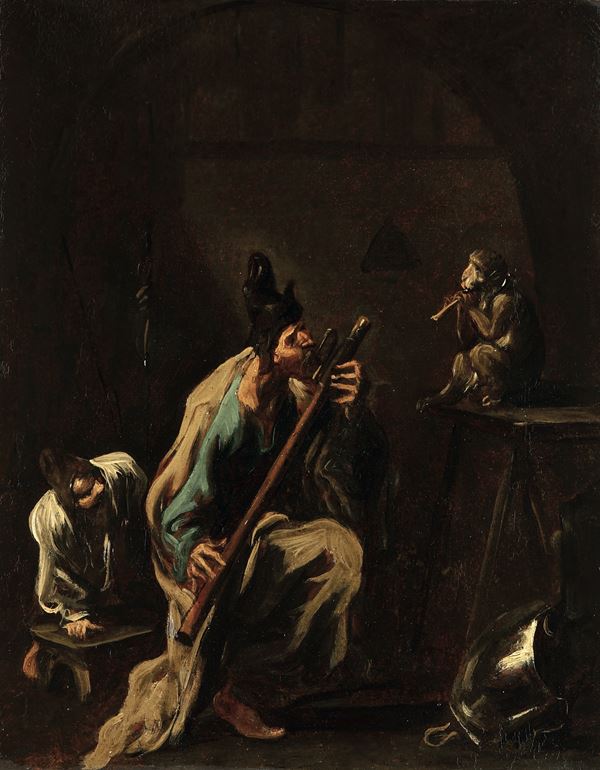 Interno con suonatore di flauto e scimmietta