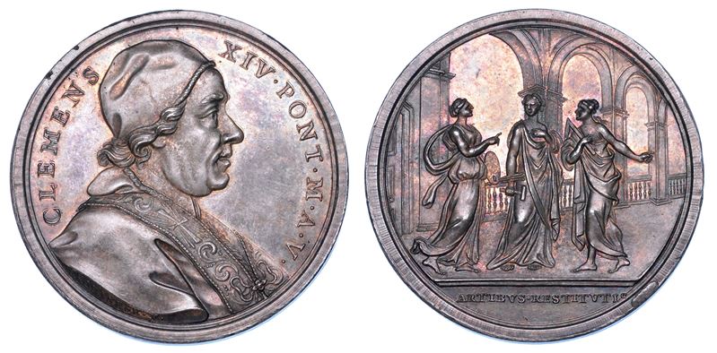 STATO PONTIFICIO. CLEMENTE XIV (Gian Vincenzo Antonio Ganganelli), 1769-1774. Medaglia annuale in argento 1773/A. V. Incremento alle Belle Arti.  - Auction Numismatics - Medals and popes - II - Cambi Casa d'Aste