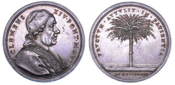 STATO PONTIFICIO. CLEMENTE XIV (Gian Vincenzo Antonio Ganganelli), 1769-1774. Medaglia annuale in argento 1774/A. VI. Restituzione alla Santa Sede dei possedimenti d'Avignone, Benevento e Pontecorvo.