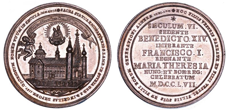 STATO PONTIFICIO. BENEDETTO XIV (Prospero Lorenzo Lambertini), 1740-1758. Medaglia in argento 1757. Visita dei Reali d'Austria per il VI centenario del trasferimento della statua di Lamberto alla basilica di Mariazell  - Auction Numismatics - Medals and popes - II - Cambi Casa d'Aste