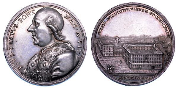 STATO PONTIFICIO. PIO VI (Giannangelo Braschi), 1775-1799. Medaglia annuale in argento 1781/A. VII. Reclusorio Pio Pontificio di Foligno.