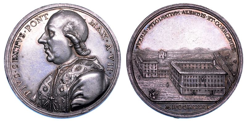 STATO PONTIFICIO. PIO VI (Giannangelo Braschi), 1775-1799. Medaglia annuale in argento 1781/A. VII. Reclusorio Pio Pontificio di Foligno.  - Auction Numismatics - Medals and popes - II - Cambi Casa d'Aste