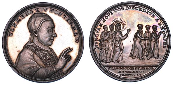 STATO PONTIFICIO. CLEMENTE XIV (Gian Vincenzo Antonio Ganganelli), 1769-1774. Medaglia in argento 1773 (A. V). Cacciata e abolizione dell'Ordine dei Gesuiti.