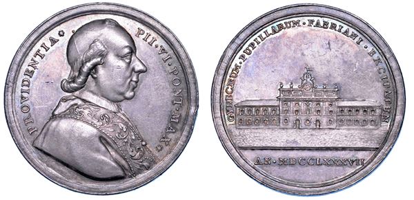 STATO PONTIFICIO. PIO VI (Giannangelo Braschi), 1775-1799. Medaglia annuale in argento 1787 (A. XIII). Il Collegio femminile di Fabriano.