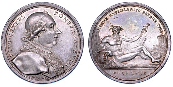 STATO PONTIFICIO. PIO VI (Giannangelo Braschi), 1775-1799. Medaglia annuale in argento 1792/A. XVIII. L'Aniene reso navigabile da Tivoli a Roma.