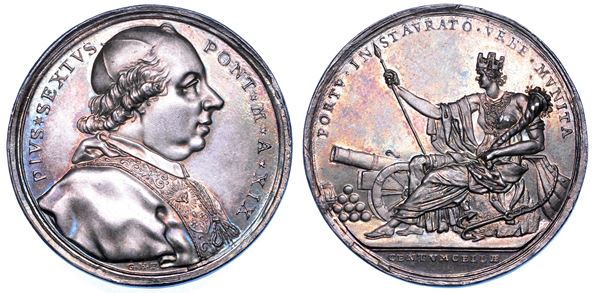 STATO PONTIFICIO. PIO VI (Giannangelo Braschi), 1775-1799. Medaglia annuale in argento A. XIX (1793). Le fortificazioni di Civitavecchia.