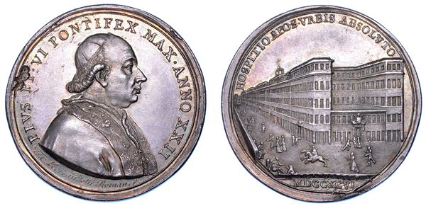STATO PONTIFICIO. PIO VI (Giannangelo Braschi), 1775-1799. Medaglia annuale in argento 1796/A. XXII. Ultimazione dell'Ospizio Apostolico di San Michele a Ripagrande in Roma.