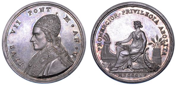 STATO PONTIFICIO. PIO VII (Barnaba Chiaramonti), 1800-1823. Medaglia annuale in argento 1804/A. V. Provvedimenti presi per incrementare la produzione agricola.
