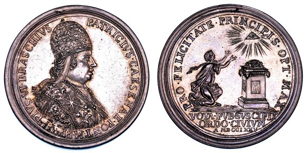 STATO PONTIFICIO. PIO VI (Giannangelo Braschi), 1775-1799. Medaglia in argento 1775 (A. I). Elevazione al Pontificato.  Omaggio dei Cesenati.