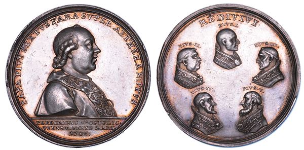 STATO PONTIFICIO. PIO VI (Giannangelo Braschi), 1775-1799. Medaglia in argento 1782 (A. VIII). Viaggio a Vienna in omaggio ai cinque Pontefici predecessori.