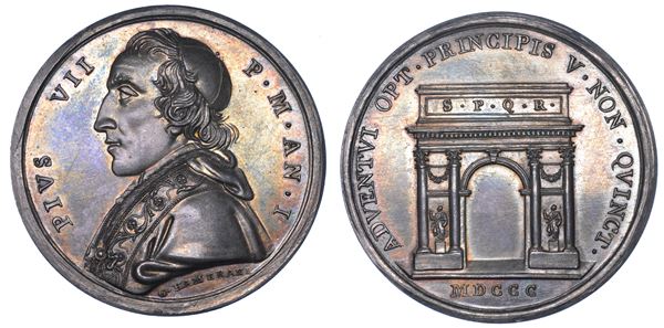 STATO PONTIFICIO. PIO VII (Barnaba Chiaramonti), 1800-1823. Medaglia annuale in argento 1800/A. I. Ingresso di Pio VII a Roma dopo l'elezione.