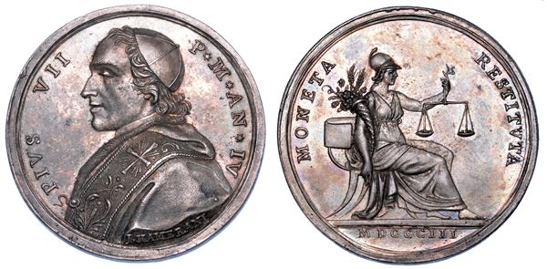 STATO PONTIFICIO. PIO VII (Barnaba Chiaramonti), 1800-1823. Medaglia annuale in argento 1803/A. IV. Nuovo sistema monetario.
