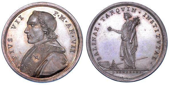 STATO PONTIFICIO. PIO VII (Barnaba Chiaramonti), 1800-1823. Medaglia annuale in argento 1806/A. VII. Apertura delle saline a Corneto Tarquinia.