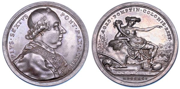 STATO PONTIFICIO. PIO VI  (Giannangelo Braschi), 1775-1799. Medaglia annuale in argento 1791/A. XVII. Bonifica dell'Agro Pontino.