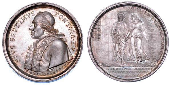 STATO PONTIFICIO. PIO VII (Barnaba Chiaramonti), 1800-1823. Medaglia annuale in argento 1814/A. XV. Liberazione del Pontefice dalla prigionia.