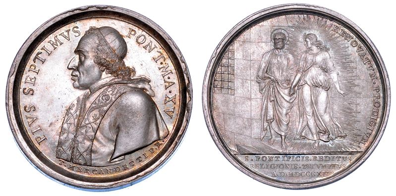 STATO PONTIFICIO. PIO VII (Barnaba Chiaramonti), 1800-1823. Medaglia annuale in argento 1814/A. XV. Liberazione del Pontefice dalla prigionia.  - Auction Numismatics - Medals and popes - II - Cambi Casa d'Aste