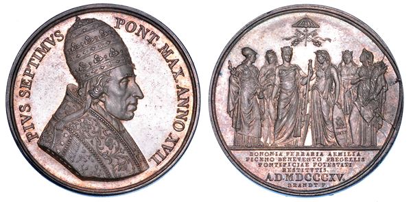 STATO PONTIFICIO. PIO VII (Barnaba Chiaramonti), 1800-1823. Medaglia annuale in argento 1815/A. XVII. Restituzione allo Stato Pontificio della sue provincie.