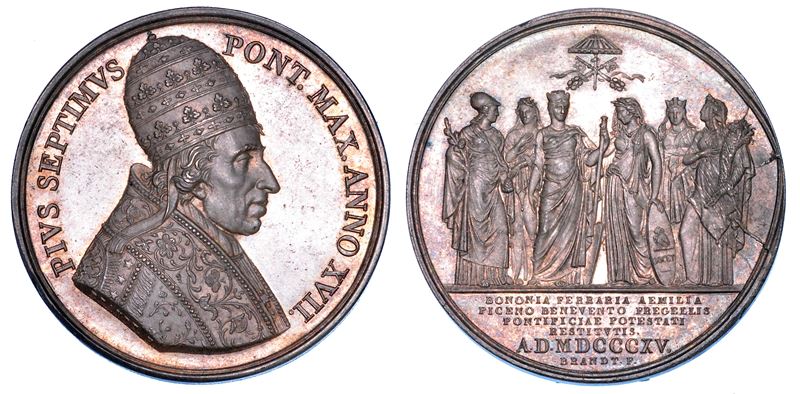 STATO PONTIFICIO. PIO VII (Barnaba Chiaramonti), 1800-1823. Medaglia annuale in argento 1815/A. XVII. Restituzione allo Stato Pontificio della sue provincie.  - Auction Numismatics - Medals and popes - II - Cambi Casa d'Aste
