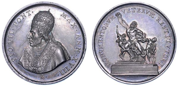 STATO PONTIFICIO. PIO VII (Barnaba Chiaramonti), 1800-1823. Medaglia annuale in argento A. XVIII (1817). Restituzione di opere d'arte da parte della Francia.