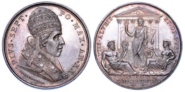 STATO PONTIFICIO. PIO VII (Barnaba Chiaramonti), 1800-1823. Medaglia annuale  in argento A. XX (1819). Costituzione del Consiglio dell'Arte.