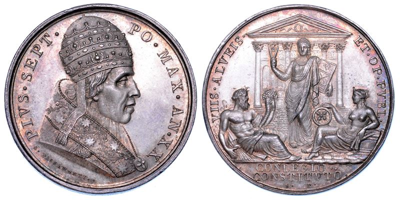 STATO PONTIFICIO. PIO VII (Barnaba Chiaramonti), 1800-1823. Medaglia annuale  in argento A. XX (1819). Costituzione del Consiglio dell'Arte.  - Auction Numismatics - Medals and popes - II - Cambi Casa d'Aste