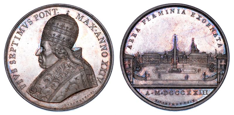 STATO PONTIFICIO. PIO VII (Barnaba Chiaramonti), 1800-1823. Medaglia annuale in argento 1823/A. XXIV. Sistemazione di piazza del Popolo.  - Auction Numismatics - Medals and popes - II - Cambi Casa d'Aste
