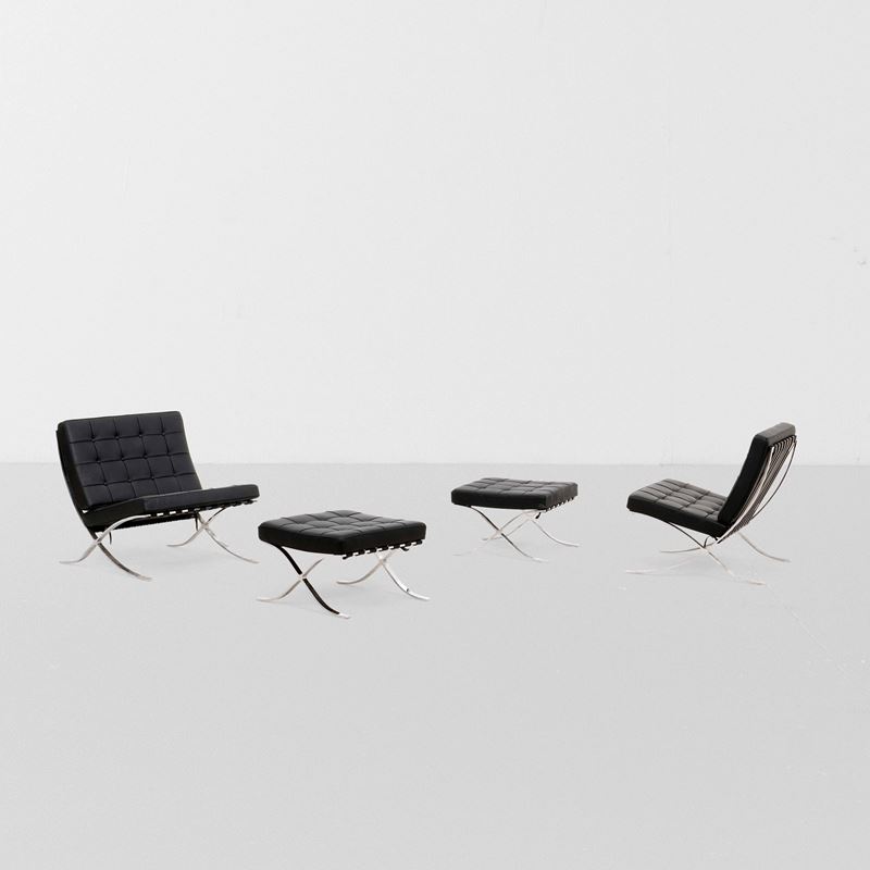 Ludwig Mies Van Der Rohe : Due poltrone e poggiapiedi mod. MR90 Barcelona  - Auction Design - Cambi Casa d'Aste
