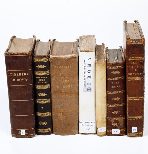 Lotto di sei guide di Roma e una di Napoli Roma antica distinta per regioni, In Roma, Amidei, 1741 (alcune carte staccate e tavole mancanti); Nuova descrizione di Roma Antica e moderna, edizione III, in Roma per il Cannetti, 1793; itinerario istruttivo di Roma e delle sue vicinanze, di A. Nbby, solo tomo I, Roma, 1824; Giuseppe Melchiorri, guida di Roma, 1868; Antonio Nibby, itinerario di Roma, 1865; Melchiorri, Guide de Rome, solo tomo II, seconda metà secolo XIX. Si aggiunge nel lotto. Giuseppe Galanti, Napoli e contorni, Napoli, presso Borell, 1838