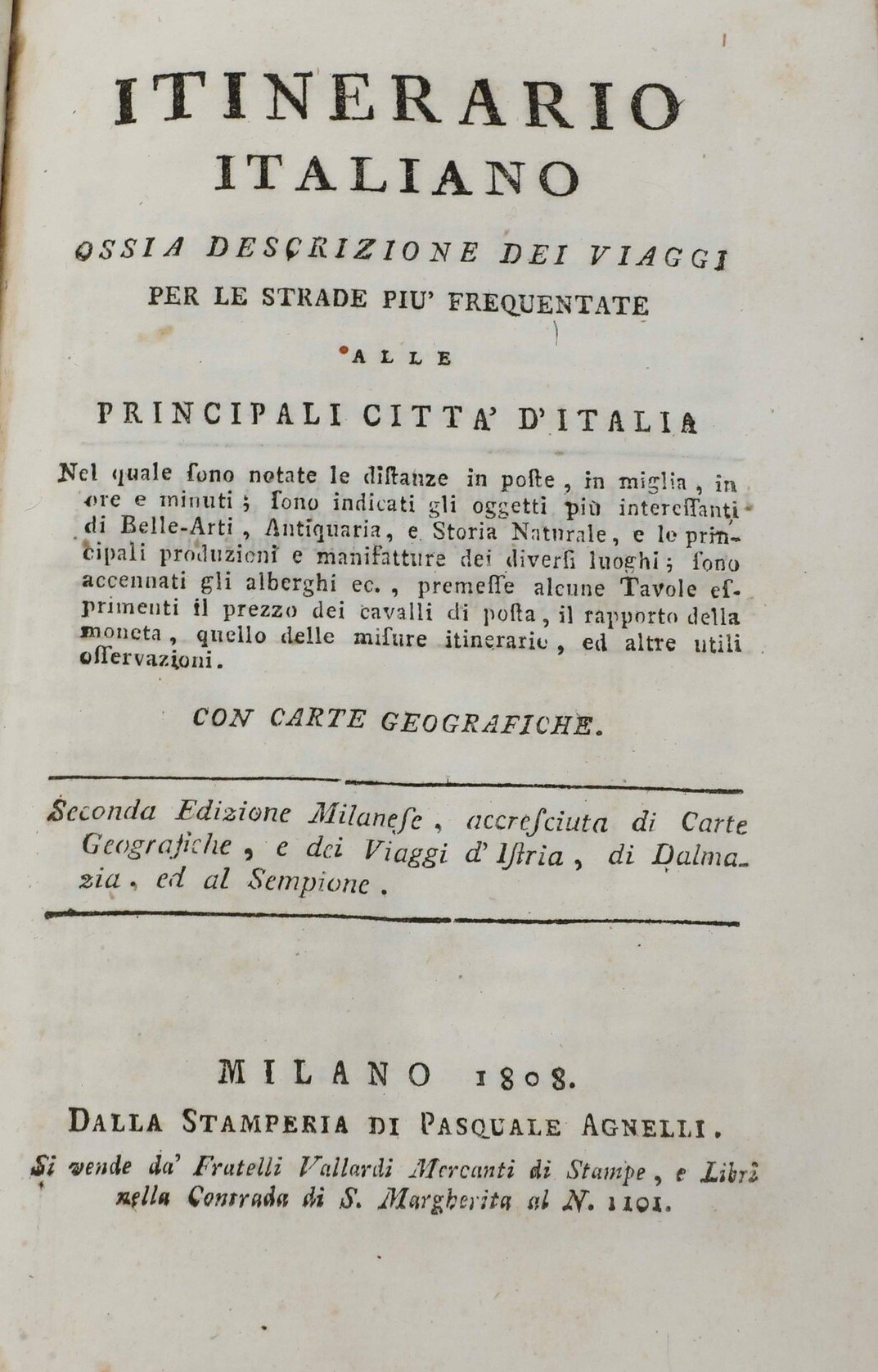 Autori Vari Itinerario Italiano, Ossia Descrizione dei Viaggi per le Strade Più Frequentate... co...