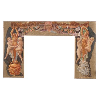 Scuola del XVI secolo, Figure di telamoni, putti, mascheroni e festoni di frutti, strappo di affr...
