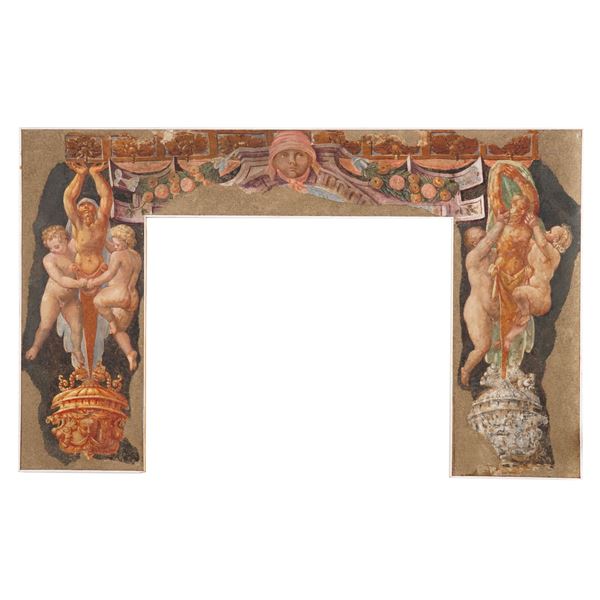 Nei modi della scuola del XVI secolo Figure di telamoni, con putti, mascheroni e festoni di frutti