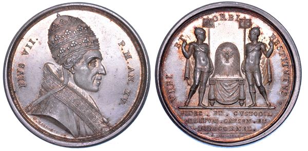 STATO PONTIFICIO. PIO VII (Barnaba Chiaramonti), 1800-1823. Medaglia in argento A. XV (1814). Visita alle truppe a Imola e Cesena.