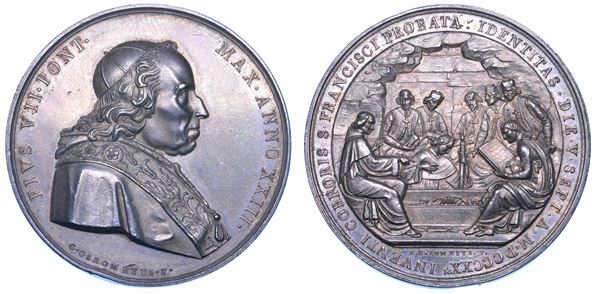 STATO PONTIFICIO. PIO VII (Barnaba Chiaramonti), 1800-1823. Medaglia annuale in argento 1820/A. XXIII. Ritrovamento e riconoscimento del corpo di San Francesco d'Assisi.