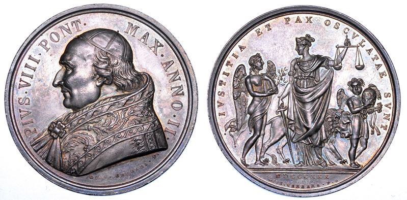 STATO PONTIFICIO. PIO VIII (Francesco Saverio Castiglioni), 1829-1830. Medaglia annuale in argento 1830/A. II. Successi della Politica Pontificia.  - Auction Numismatics - Medals and popes - II - Cambi Casa d'Aste