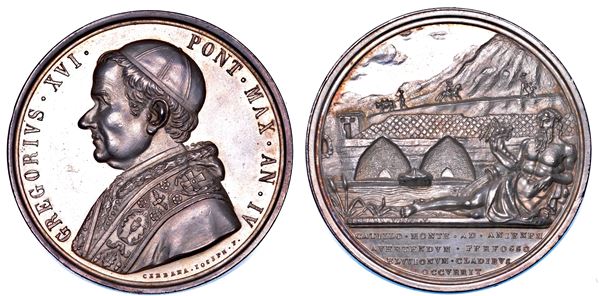 STATO PONTIFICIO. GREGORIO XVI (Bartolomeo Alberto Cappellari), 1831-1846. Medaglia annuale in argento 1834/A. IV. Deviazione del corso dell'Aniene nei pressi di Tivoli.