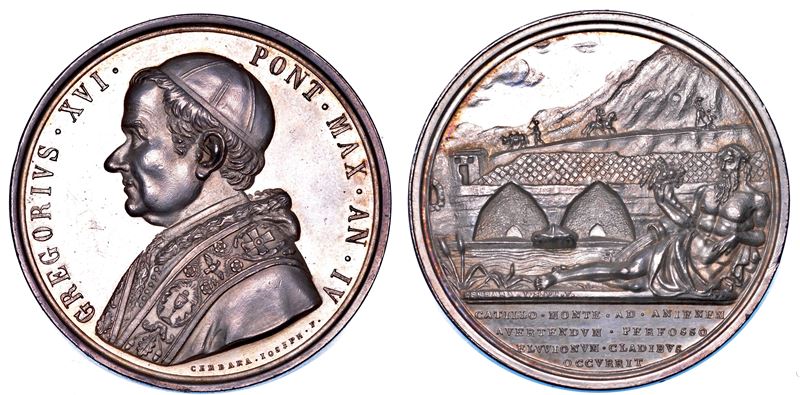 STATO PONTIFICIO. GREGORIO XVI (Bartolomeo Alberto Cappellari), 1831-1846. Medaglia annuale in argento 1834/A. IV. Deviazione del corso dell'Aniene nei pressi di Tivoli.  - Auction Numismatics - Medals and popes - II - Cambi Casa d'Aste