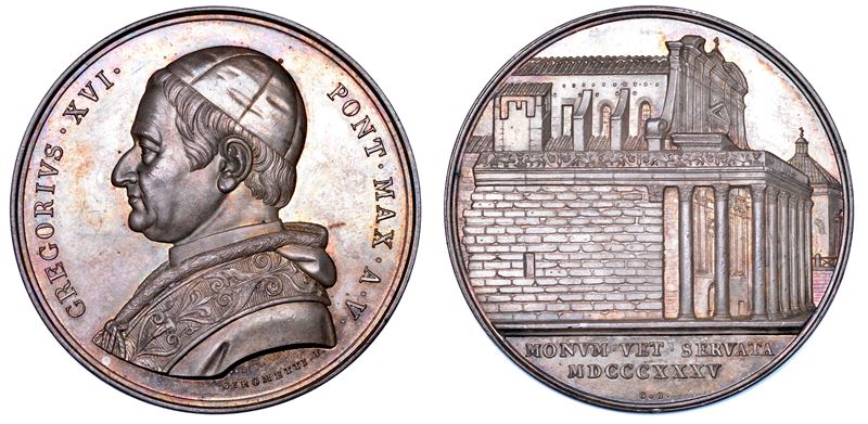 STATO PONTIFICIO. GREGORIO XVI (Bartolomeo Alberto Cappellari), 1831-1846. Medaglia annuale in argento 1835/A. V. Tutela dei monumenti antichi.  - Auction Numismatics - Medals and popes - II - Cambi Casa d'Aste