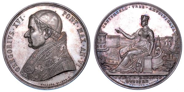 STATO PONTIFICIO. GREGORIO XVI (Bartolomeo Alberto Cappellari), 1831-1846. Medaglia annuale in argento 1836/A. VI. Ampliamento del porto di Civitavecchia.