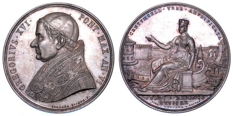 STATO PONTIFICIO. GREGORIO XVI (Bartolomeo Alberto Cappellari), 1831-1846. Medaglia annuale in argento 1836/A. VI. Ampliamento del porto di Civitavecchia.  - Auction Numismatics - Medals and popes - II - Cambi Casa d'Aste