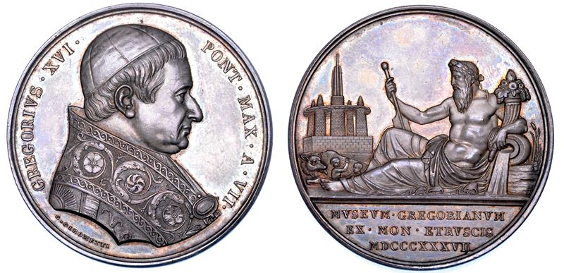 STATO PONTIFICIO. GREGORIO XVI (Bartolomeo Alberto Cappellari), 1831-1846. Medaglia annuale in argento 1837/A. VII. Costruzione del Museo Etrusco.  - Auction Numismatics - Medals and popes - II - Cambi Casa d'Aste